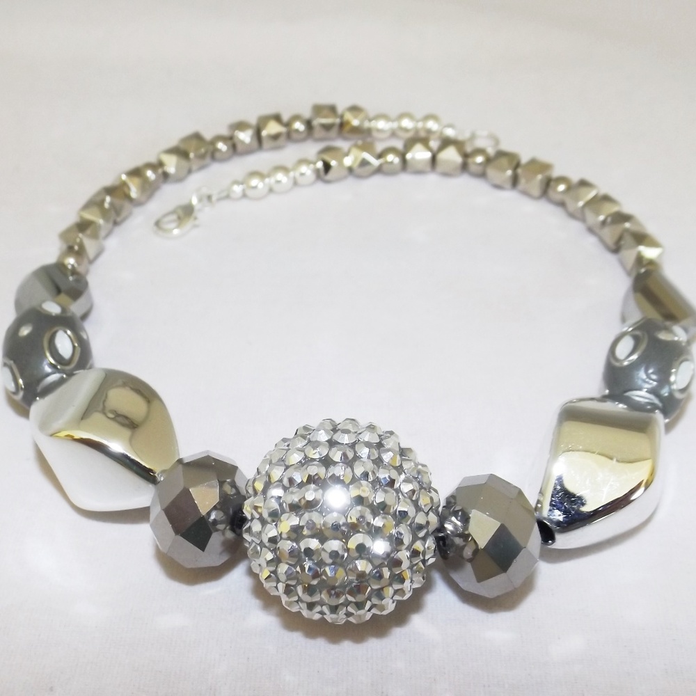 New silver crystal, clay 17" necklace (#1906)